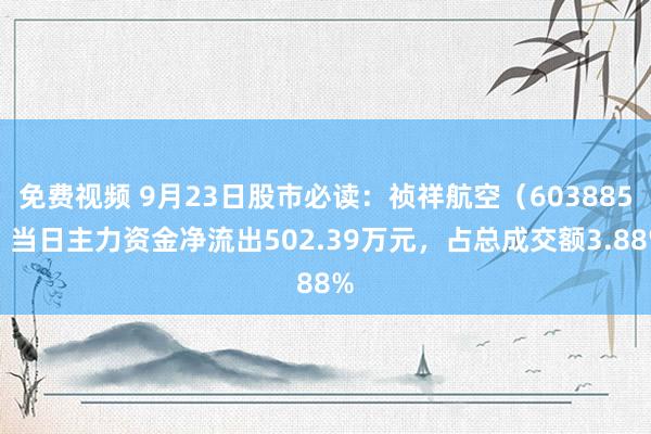 免费视频 9月23日股市必读：祯祥航空（603885）当日主力资金净流出502.39万元，占总成交额3.88%